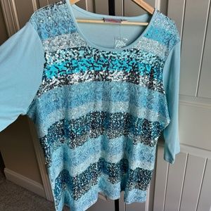 Quacker Factory Plus Size Blue/Gold Lace & Sequins Tunic 2X